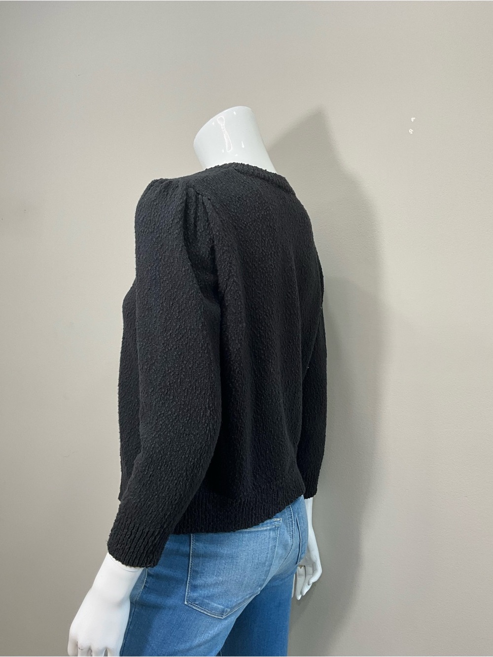 SUNDAYS Black Textured Bouclé Knit Button Front Crewneck Cardigan Sweater XS - Picture 3 of 7